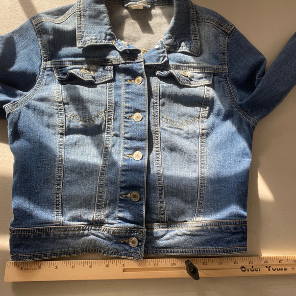 Mossimo Jean Jacket Womens Medium Trucker Cropped Blue Stretch Denim Retro - Picture 12 of 16